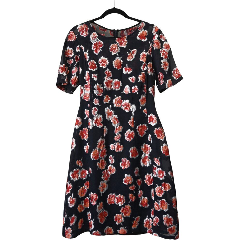 Lela Rose Navy Blue Metallic Red Silver Floral Jacquard Dress Estimated Size M